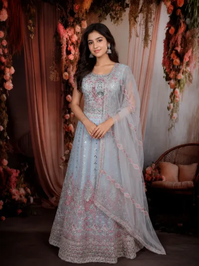 Powder Blue Floral Thread and Mirror Embroidered Design Net Lehenga with Dupatta